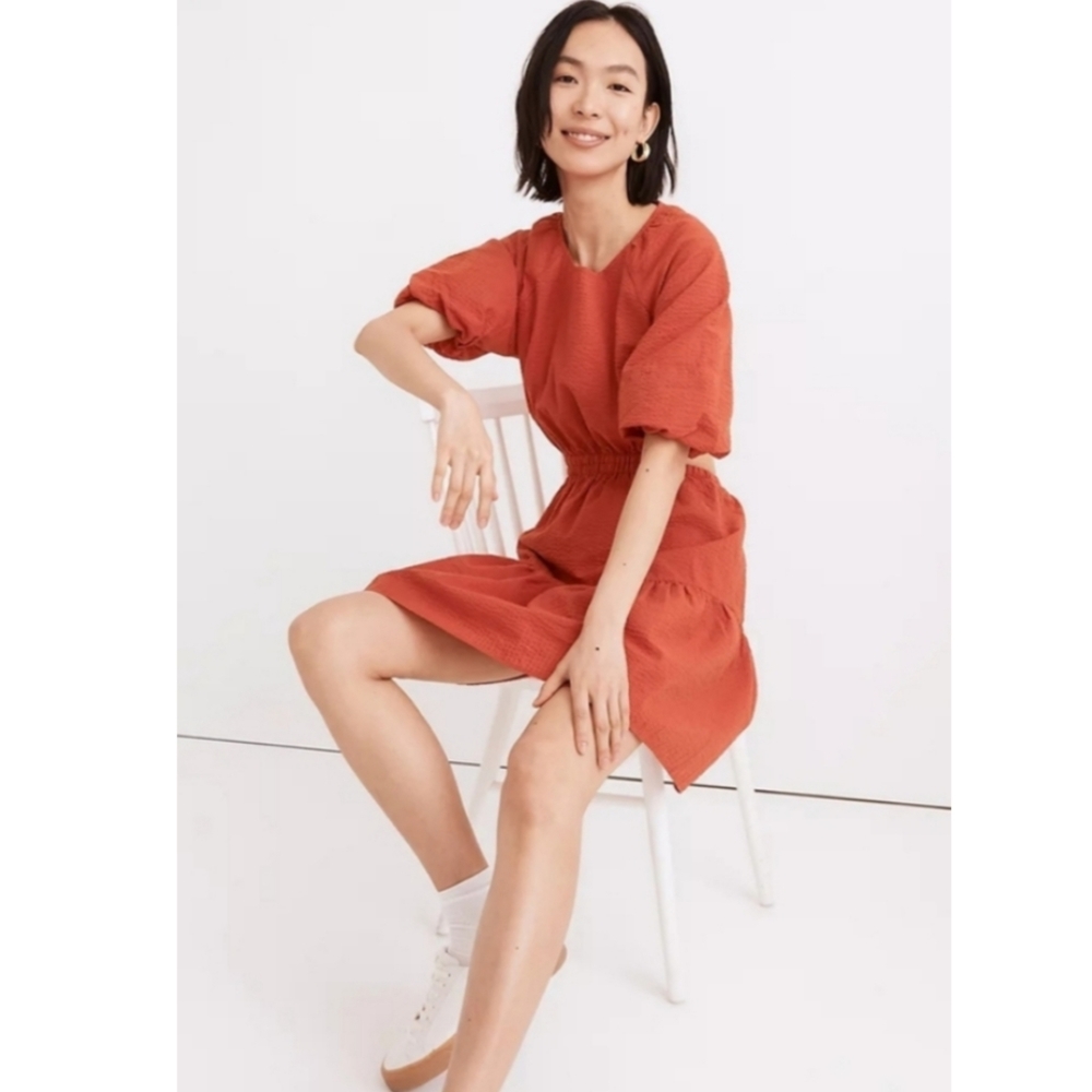 Madewell Seersucker Puff Sleeve Cutout Mini Dress Orange